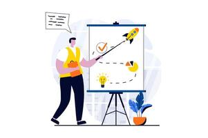 Strategic planning concept with people scene in flat cartoon design. Man develops strategy and route for development of workflows new startup, generates ideas. illustration visual story for web vector