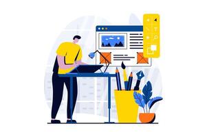 Ui ux design concept with people scene in flat cartoon design. Man illustrator drawing at graphic tablet, creates elements and buttons on layout of interface. illustration visual story for web vector