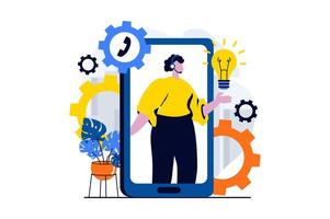 Technical support concept with people scene in flat cartoon design. Woman in headset answer calling from clients and generating ideas for solving problems. illustration visual story for web vector