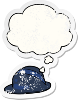 cartoon bowler hat with thought bubble as a distressed worn sticker png