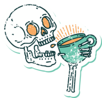 iconic distressed sticker tattoo style image of a skull drinking coffee png