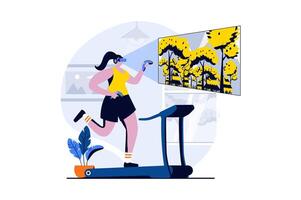 Virtual reality concept with people scene in flat cartoon design. Woman in VR glasses interacting with screen in cyberspace while running on treadmill. illustration visual story for web vector