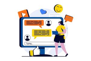 Social network concept with people scene in flat cartoon design. Woman chatting with friends, likes and comments on posts, sharing digital content online. illustration visual story for web vector
