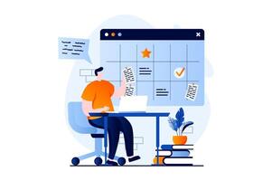 Strategic planning concept with people scene in flat cartoon design. Man develops project strategy, brainstorming, sets tasks, organizes business workflows. illustration visual story for web vector