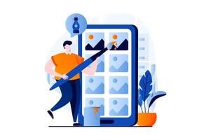 Ui ux design concept with people scene in flat cartoon design. Man illustrator creates elements for user interface, drawing and working with apps layout. illustration visual story for web vector