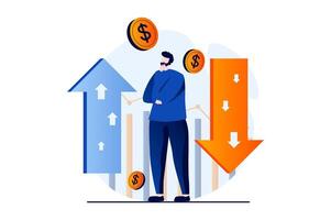 Stock market concept with people scene in flat cartoon design. Man thinking and analysis chart with arrow with different trends and trading on stock exchange. illustration visual story for web vector