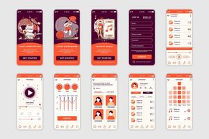 Music concept screens set for mobile app template. People listen to favorite songs playlists, use family subscription. UI, UX, GUI user interface kit for smartphone application layouts. design vector
