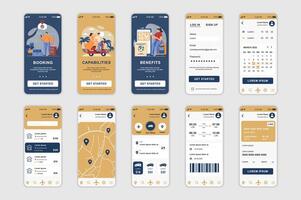 Booking concept screens set for mobile app template. People order taxi, buy plane tickets and tourist trips online. UI, UX, GUI user interface kit for smartphone application layouts. design vector