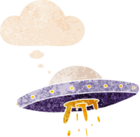 cartoon flying UFO with thought bubble in grunge distressed retro textured style png