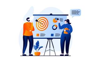 Strategic planning concept with people scene in flat cartoon design. Woman and man discuss tasks, set goals, develop marketing strategy and work in team. illustration visual story for web vector