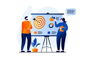 Strategic planning concept with people scene in flat cartoon design. Woman and man discuss tasks, set goals, develop marketing strategy and work in team. illustration visual story for web vector