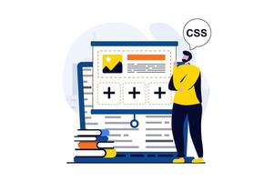 Web development concept with people scene in flat cartoon design. Man designer creates websites layouts and analyzing prototype, programming and testing code. illustration visual story for web vector