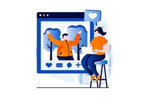 Social network concept with people scene in flat cartoon design. Woman looks at man's online profile, likes and comments on his posts with photos using laptop. illustration visual story for web vector