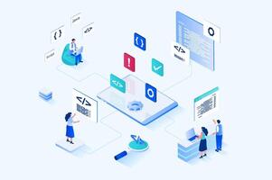 Web development 3d isometric design. People designers create and optimize code, programming at java script, settings pages, build site layouts and places navigation buttons. web illustration vector