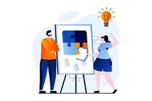 trabajo en equipo concepto con personas escena en plano dibujos animados diseño. hombre y mujer creando nuevo ideas para negocio, planificación y desarrollar estrategia, trabajando juntos. ilustración visual historia para web vector