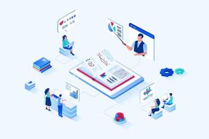 Business training 3d isometric web design. People improve their professional skills at business meetings, listen to coach, analyze company data on graphics and read textbooks. web illustration vector