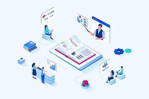 Business training 3d isometric web design. People improve their professional skills at business meetings, listen to coach, analyze company data on graphics and read textbooks. web illustration vector