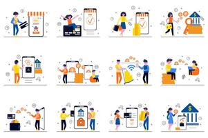 Mobile banking concept with tiny people scenes set in flat design. Bundle of men and women manage money on personal account in app, making online payments and transactions. illustration for web vector