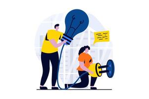 Teamwork concept with people scene in flat cartoon design. Man and woman creating new solving for business improvement, generate energy and working together. illustration visual story for web vector