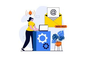 Technical support concept with people scene in flat cartoon design. Woman in headset works on laptop, responds to emails and messages and consults clients. illustration visual story for web vector