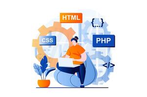 Web development concept with people scene in flat cartoon design. Woman programming at different languages, testing and optimizing code, creates layouts. illustration visual story for web vector