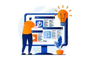 Web development concept with people scene in flat cartoon design. Man designer creates websites layouts, places elements on mockup, programming and testing. illustration visual story for web vector