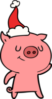 content main tiré ligne dessin de une porc portant Père Noël chapeau png