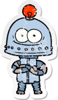 distressed sticker of a happy carton robot with light bulb png