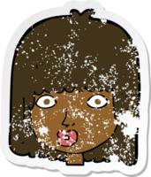 retro distressed sticker of a cartoon surprised woman png