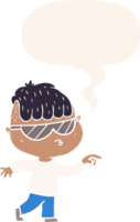 cartoon boy wearing sunglasses pointing with speech bubble in retro style png