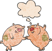 cartoon pigs dancing with thought bubble in grunge texture style png