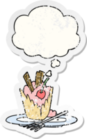 cartoon dessert with thought bubble as a distressed worn sticker png