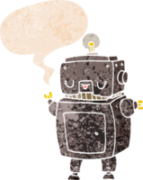 cartoon robot with speech bubble in grunge distressed retro textured style png
