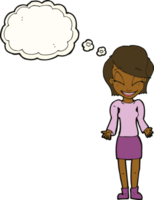 cartoon happy woman shrugging shoulders with thought bubble png