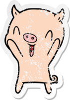 distressed sticker of a happy cartoon pig png