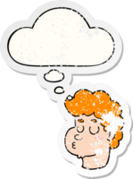 cartoon male face with thought bubble as a distressed worn sticker png