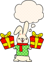 cartoon rabbit with christmas presents with thought bubble in comic book style png