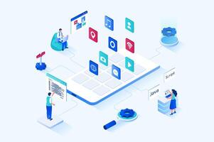 App development 3d isometric web design. People create user interface template, place application buttons on screen, work with codes and program software for different devices. web illustration vector
