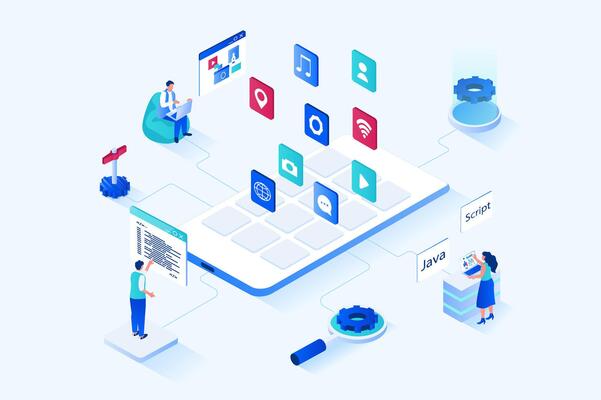 App development 3d isometric web design. People create user interface template, place application buttons on screen, work with codes and program software for different devices. web illustration