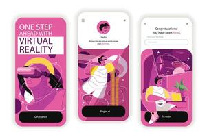 Virtual reality concept onboarding screens. Cyberspace games and augmented reality learning with VR headset. UI, UX, GUI user interface kit with flat people scene. illustration for web design vector