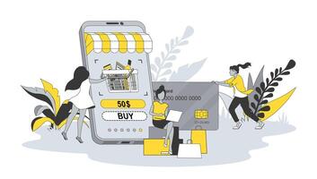 E-commerce concept in flat design with people. Women make purchases using store website and paying with credit card, choose and receive goods. illustration with character scene for web banner vector