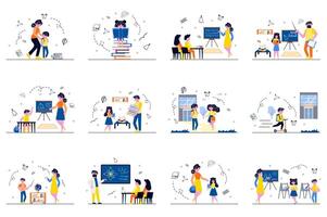 Back to school concept with tiny people scenes set in flat design. Bundle of pupils learning at class, mother takes child to school, teacher explains lesson, classmates. illustration for web vector