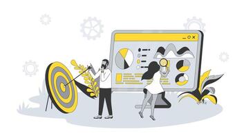 seo mejoramiento concepto en plano diseño con gente. hombre y mujer analizar datos y palabras clave, optimiza para popular consultas, ajustes sitio. ilustración con personaje escena para web bandera vector