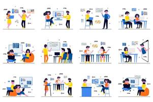 Programming software concept with tiny people scenes set in flat design. Bundle of men and women developers working on projects, testing, coding and software engineering. illustration for web vector