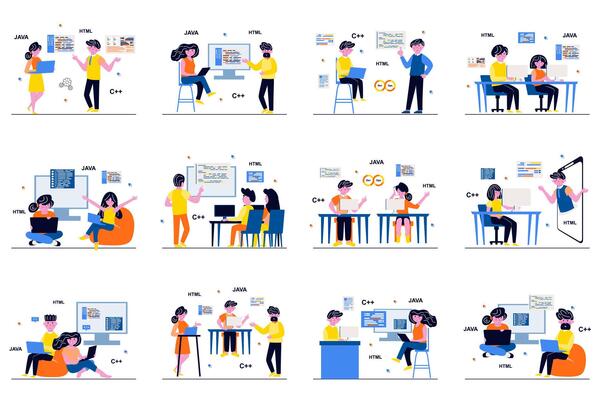 Programming software concept with tiny people scenes set in flat design. Bundle of men and women developers working on projects, testing, coding and software engineering. illustration for web