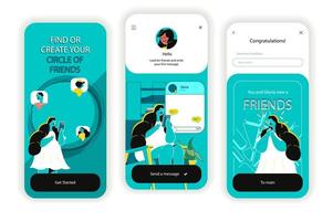 Social network concept onboarding screens. Online communication with users, search for new friends, chatting. UI, UX, GUI user interface kit with flat people scene. illustration for web design vector