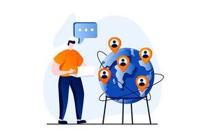 Social network concept with people scene in flat cartoon design. Man communicates online with different people around world using chats, messengers and laptop. illustration visual story for web vector