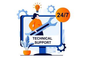 Technical support concept with people scene in flat cartoon design. Woman with wrench solving tech problems of clients, making repair and computer maintenance. illustration visual story for web vector