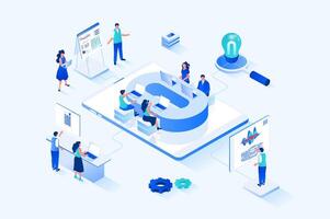 Business meeting 3d isometric web design. People present report, discuss and analyze presentation data, generate ideas in brainstorming session and collaborate in company. web illustration vector