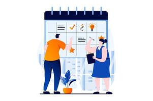 estratégico planificación concepto con personas escena en plano dibujos animados diseño. hombre y mujer desarrollar estrategia, conjuntos Tareas a calendario y organiza flujos de trabajo en oficina. ilustración visual historia para web vector